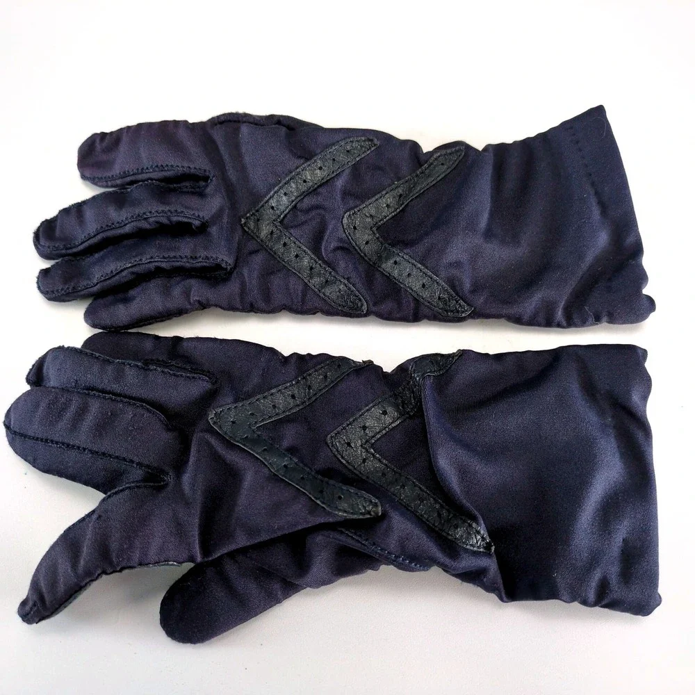 Vintage Isotoner Hands Beautiful Navy Stretch Gloves Long Cuff Leather‎ Trim OS